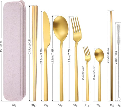 AARainbow 8 Pieces Stainless Steel Flatware Set Portable Reusable Cutlery Set Travel Utensils Set Including Chopsticks Knife Fork Spoon Straws Cleaning Brush Dishwasher Safe (B-Golden)