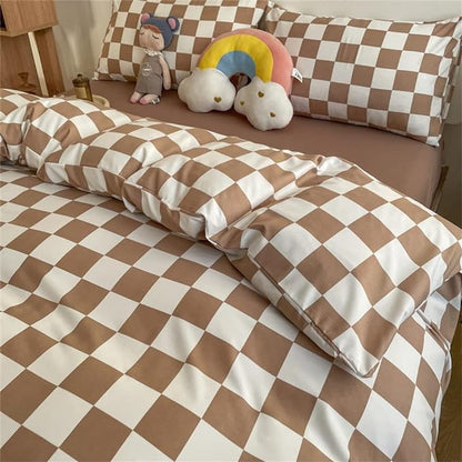 Wellboo Light Brown Plaid Comforter Sets Queen Women Men Cream Coffee and White Checkerboard Grid Bedding Comforters Cotton Boys Girls Modern Light Taupe Checkered Geometric Quilts Luxury Abstract Bed