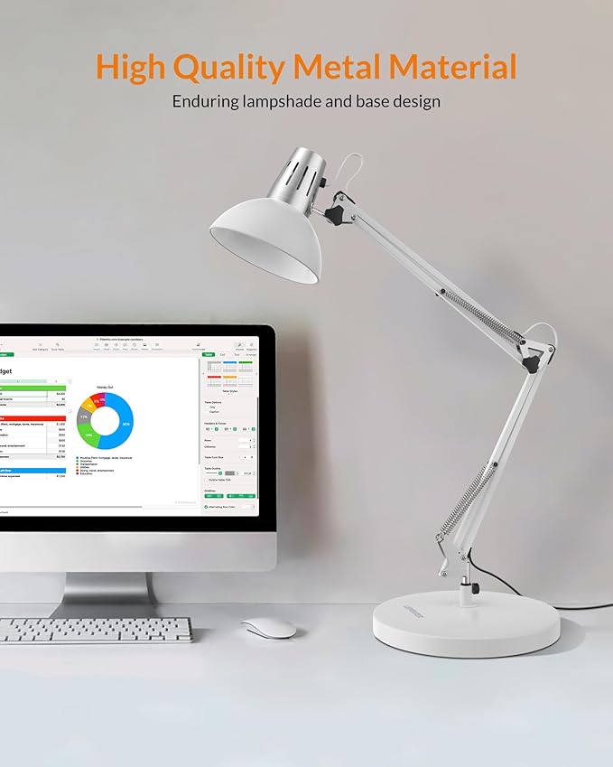 LEPOWER Metal Desk Lamp, Adjustable Goose Neck Architect Table Lamp with On/Off Switch, Swing Arm Desk Lamp with Clamp, Eye-Caring Reading Lamp for Bedroom, Study Room &Office (White)