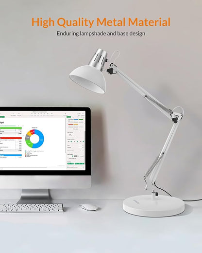 LEPOWER Metal Desk Lamp, Adjustable Goose Neck Architect Table Lamp with On/Off Switch, Swing Arm Desk Lamp with Clamp, Eye-Caring Reading Lamp for Bedroom, Study Room &Office (White)