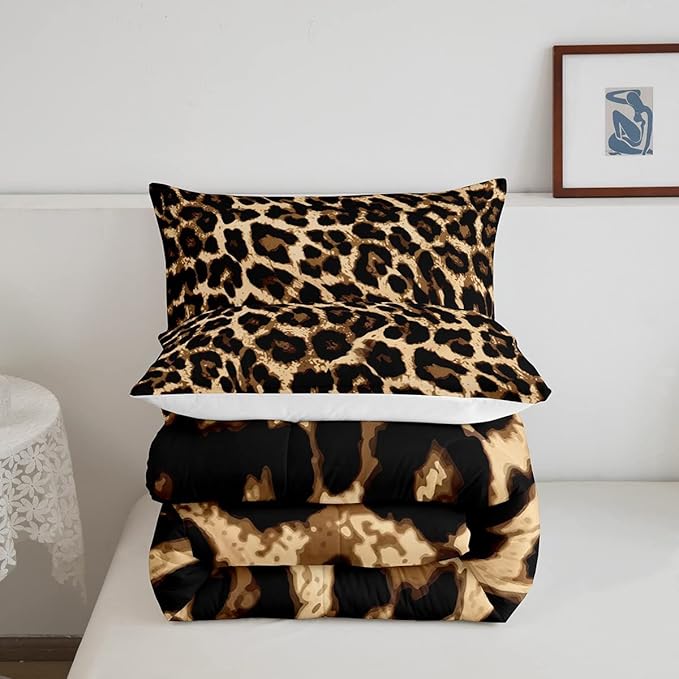 Black Brown Leopard Print Comforter Set Women Cheetah Printed Bedding Set Men Africa Animal Wildlife Duvet Set for Kids Girls Teens Bedroom Decor Luxury Home Hotel Room Soft Comforter King Size 3Pcs