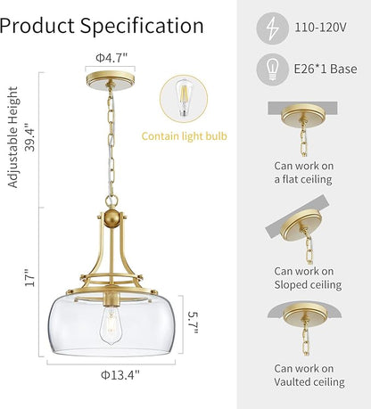 WUZUPS Chandelier Rustic Farmhouse Industrial Round Ceiling Pendant LED Light Fixture with Clear Glass Shades for Dining Room Kitchen Island Foyer Entryway, H 17" x W 13.4", E26 Base, Gold