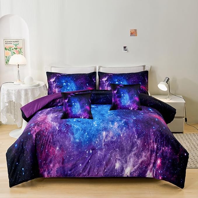 Galaxy Comforter Sets Twin 7PCS,Purple Comforter Set,Girls Bed Sets,Bed in a Bag with Flat Sheet and Fitted Sheet,Pillowcases,Cushions for Girls,Purple Galaxy Twin Bedding Sets