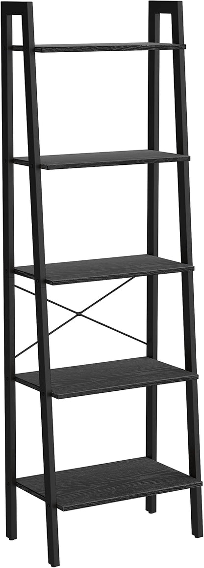 VASAGLE Ladder Shelf, 5-Tier Bookshelf, Storage Rack, Bookcase with Steel Frame, for Living Room Home Office, Kitchen, Bedroom, Industrial Style, Ebony Black + Black