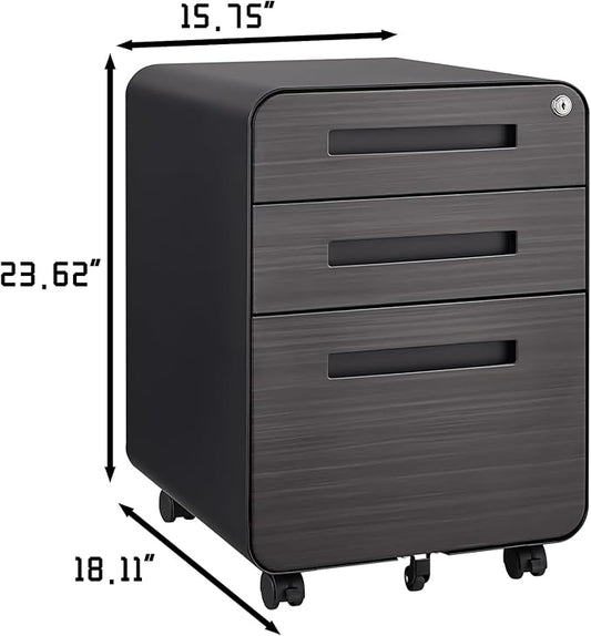 3 Drawer Mobile Desk Office with Lock and Wheels,Versatile Storage Cabinets w/Anti-Tilting Cold Rolled Steel Waterproof Moisture-Proof,for Legal/Letter/A4 Files,Dark Brown