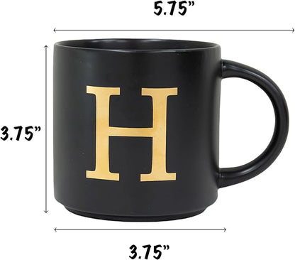 COLLECTIVE HOME - Monogram Ceramic Mugs, 15 oz Golden Initial Black Coffee Cups, Elegant Alphabet Tea Mugs, Elegant Personalized Mug with Gift Box, Unique Mug with Double Side Capital Lette (H)