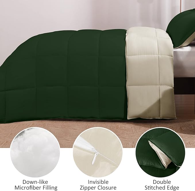 Basic Beyond Twin Comforter Set for Girls and Boys - Fluffy Twin Bed Comforter Set for All Seasons - Reversible Forest Green Comforter Set - 2 Pieces (1 Comforter + 1 Pillow Sham) - Forest Green/Ivory
