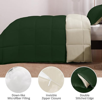 Basic Beyond Twin Comforter Set for Girls and Boys - Fluffy Twin Bed Comforter Set for All Seasons - Reversible Forest Green Comforter Set - 2 Pieces (1 Comforter + 1 Pillow Sham) - Forest Green/Ivory