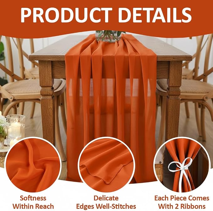 Pack of 25 | Brunt Orange | 10ft Chiffon Table Runner 29x120 Inches Long Romantic Rustic Sheer Gauze Runner for Wedding Bridal Shower Birthday Banquets Engagement Spring Easter Boho Decorations