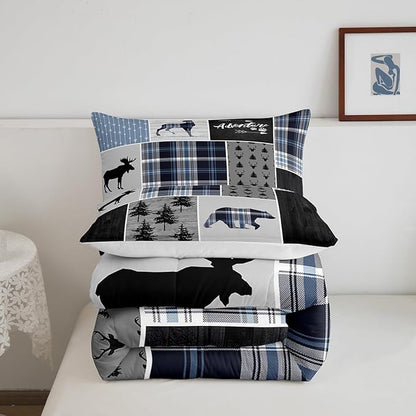 Rustic Adventure Kids Comforter Set Full Size,Deer Bear Pine Trees Xmas Bedding Set for Boys Girls Adults Room Decor,Plaids Arrows Wooden Patchwork Down Comforter,Blue Duvet Insert,2 Pillowcases