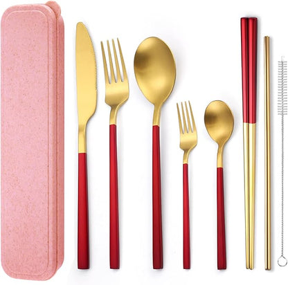 AARainbow 8 Pieces Stainless Steel Flatware Set Portable Reusable Cutlery Set Travel Utensils Set Including Chopsticks Knife Fork Spoon Straws Cleaning Brush Dishwasher Safe (B-Red Golden)