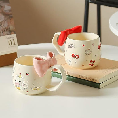 DTIUYIOP-Kawaii Red Bow Cherry Cat Ceramic Coffee Mug with 3D Red Bow and Bow Spoon, Large Curved Handle Cute Kitty Tea Cup, Coquette Aesthetic Gift for Women Girls Birthday Valentine’s Day Christmas