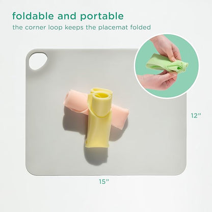 Olababy Fold N Go Silicone Placemat w Travel Case | Dishwasher Safe, BPA Free, Non-Slip, Waterproof | Mini Dining Mat for Infants, Babies, Toddlers and Kids (2, Blueberry/Pearl)