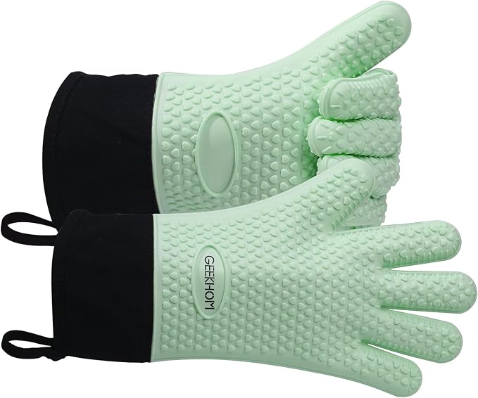 GEEKHOM BBQ Gloves Heat Resistant Oven Mitts - Silicone Grilling Gloves with 13.7" Arm Protection - Waterproof Pot Holder Non-Slip for Men & Women, Kitchen Outdoor Cooking, Baking, Camping, Mint Green
