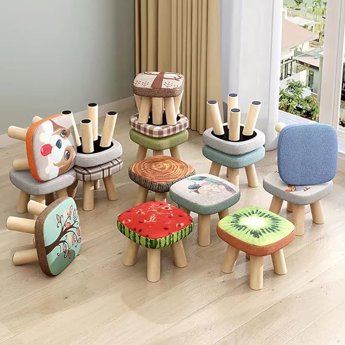 2Pcs Solid Wood Stool Home Square Low Stool Cute Children's Sofa Stool Chair Fashion Cartoon Creative Small Stool for Kids and Adult, Changing Stool Coffee Stool, Bear 330lb (Tree Stump)