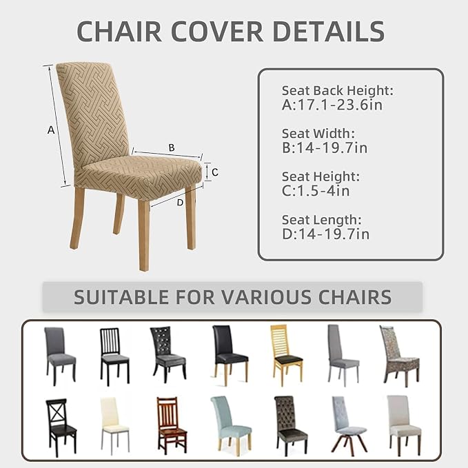 Promindfly Dining Chair Covers, 3D Jacquard Fabric Chair Covers for Dining Room, Anti-Scratch Chair Covers Set of 6, Stretch Washable Dining Chair Covers for Kitchen, Hotel