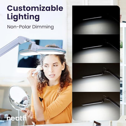 Neatfi Elite HD XL Task Lamp, 3 Light Modes, 90PCS SMD LED, Super Bright Desk Lamp, Eye-Caring LED Lamp, Non-Polar Dimming, Adjustable Brightness Levels (CCT with Clamp, Blue Ring, 17 Inches)