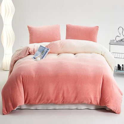Pink White Gradient Comforter Set Full Pink Velvet Bedding Comforter Modern Plain White and Pink Gradient Soft Quilt Farmhouse Flannel Comforter Girls Women Warm Full Bed Comforter