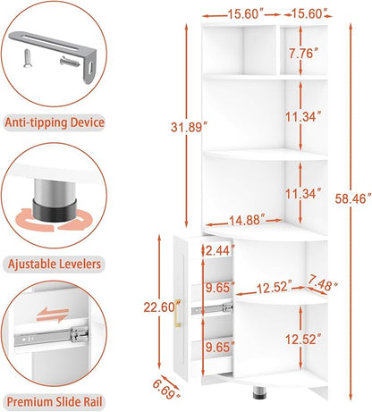 Corner Shelf 6-Tier Corner Bookcase with Drawer, Tall Corner Bookshelf Freestanding White Corner Cabinet Corner Shelves Stand for Wall Corner, Living Room, Home Office, Bedroom, Display Shelf