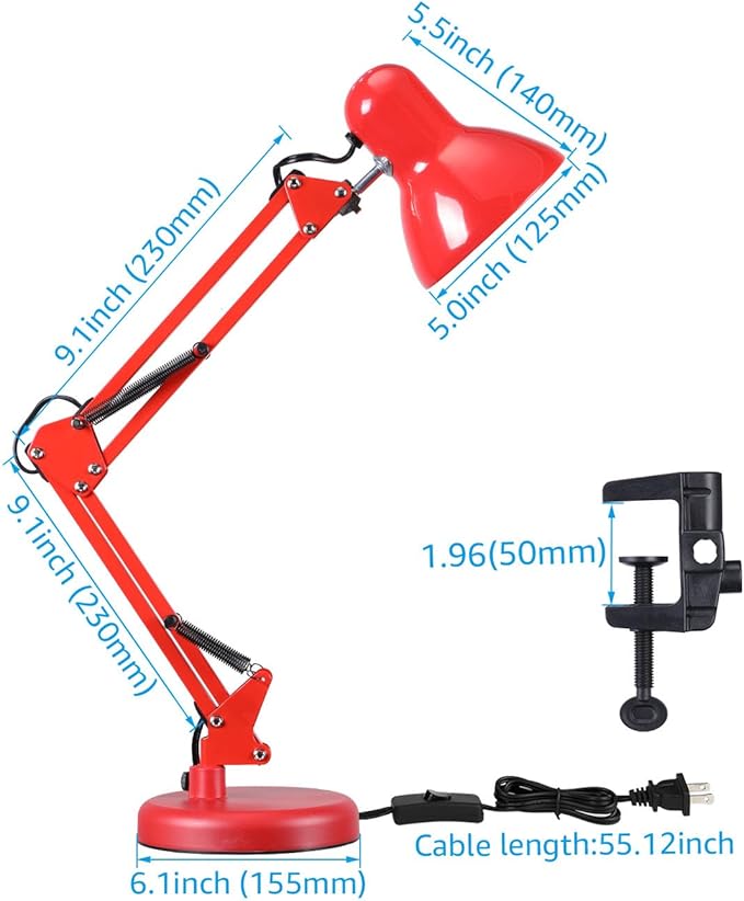 TORCHSTAR Metal Swing Arm Architect Desk Lamp with Clamp, Adjustable Gooseneck Table Lamp, Clip Desk Lights for Home Office, Work, Study, Reading, E26 Base, Multi-Joint, Red
