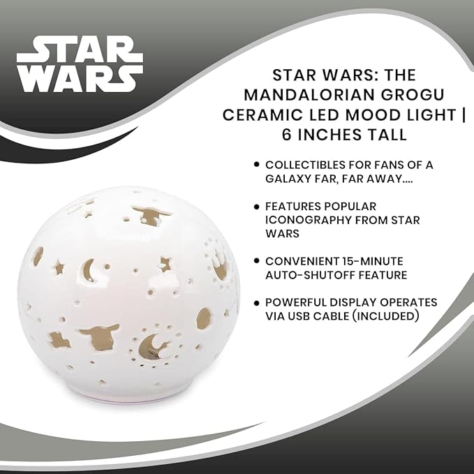 Star Wars: The Mandalorian Grogu Ceramic Mood Light | Nightstand Table Lamp with LED Light for Bedroom, Desk, Living Room | Home Decor Room Essential | Movie Gifts And Collectibles | 6 Inches Tall