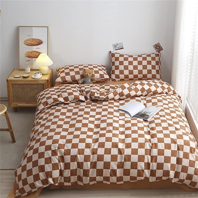 Wellboo Light Brown Plaid Comforter Sets Queen Women Men Cream Coffee and White Checkerboard Grid Bedding Comforters Cotton Boys Girls Modern Light Taupe Checkered Geometric Quilts Luxury Abstract Bed