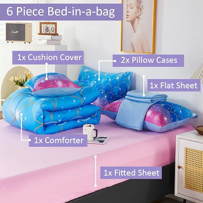 URBONUR 6Pcs Mermaid Comforter Set Queen for Girls Glitter Fish Scales Printed Bedding Set on Gradient Pink Purple Blue Soft & Fluffy Girls Bed Set with Sheets for Queen Bed