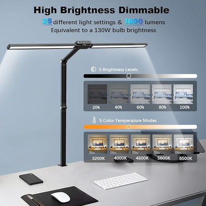 Hapfish LED Desk Lamp for Home Office, 24W Brightest 31Inch Monitor Light Bar, 5 Color Modes and Dimmable, Eye Protection Modern Clamp Table Lamps for Study Monitor Office