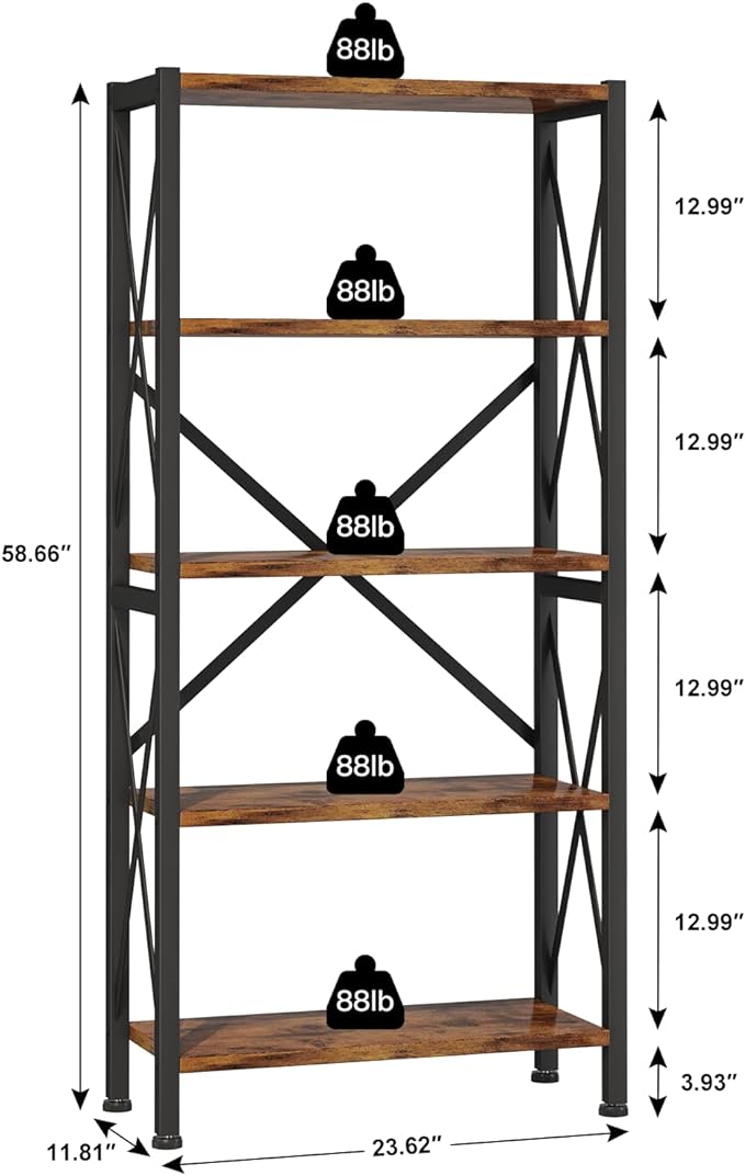 5-Tier Bookshelf,Wood Bookcase,Book Shelf with Steel Frame, Storage Rack with Open Shelves, Rustic Standing Bookshelves Ladder Shelf 110lbs/shelf for Bedroom,Living Room and Home Office