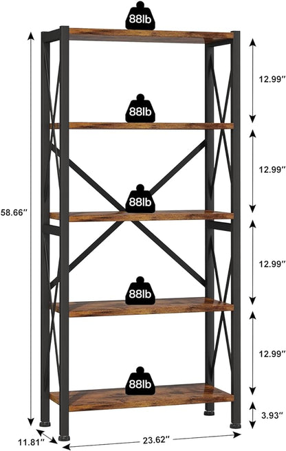 5-Tier Bookshelf,Wood Bookcase,Book Shelf with Steel Frame, Storage Rack with Open Shelves, Rustic Standing Bookshelves Ladder Shelf 110lbs/shelf for Bedroom,Living Room and Home Office