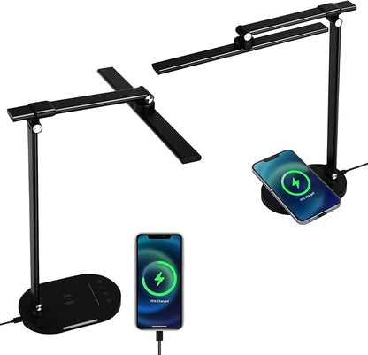 LED Desk Lamp with Wireless Charger, USB Charging Port, Touch Control, 5 Color Modes, 5 Brightness Level, Eye-Caring Desk Lamp for Study Reading, 1H Timer, Home Office Table Lamp
