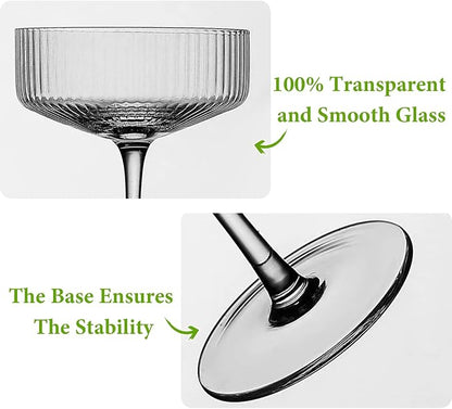 Qipecedm® 4 Pcs Ribbed Coupe Glasses, 10 oz Vintage Coupe Glass Set, Unique Martini Glass, Classic Cocktail Galssware, Bar Drinking Glasses Set Pefect for Cocktail, Wine, Champagne & Gift