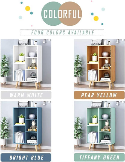 IOTXY Wooden Open Shelf Bookcase - 3-Tier Floorstanding Display Cabinet Rack with Legs, 5 Cubes Free Standing Bookshelf, Tiffany-Green