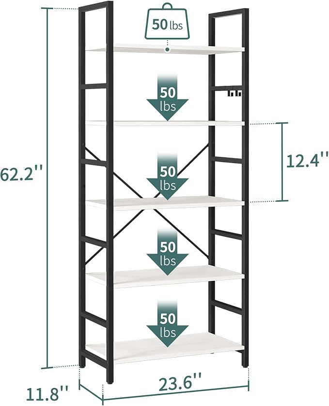 Yoobure 5 Tier Bookshelf - Tall Book Shelf Modern Bookcase for CDs/Movies/Books, Rustic Book Case Industrial Bookshelves Book Storage Organizer for Bedroom Home Office Living Room White