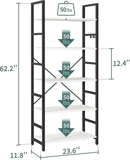Yoobure 5 Tier Bookshelf - Tall Book Shelf Modern Bookcase for CDs/Movies/Books, Rustic Book Case Industrial Bookshelves Book Storage Organizer for Bedroom Home Office Living Room White
