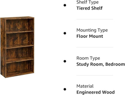 VASAGLE Bookshelf, 23.6 Inches Wide, 4-Tier Open Bookcase with Adjustable Storage Shelves, Floor Standing Unit, Rustic Brown ULBC164X01