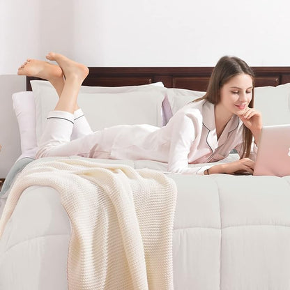 Basic Beyond King Size Comforter Set - Fluffy King Bed Comforter Set for All Seasons - Reversible White King Comforter Set - 3 Pieces (1 Comforter + 2 Pillow Shams) - White/Grey