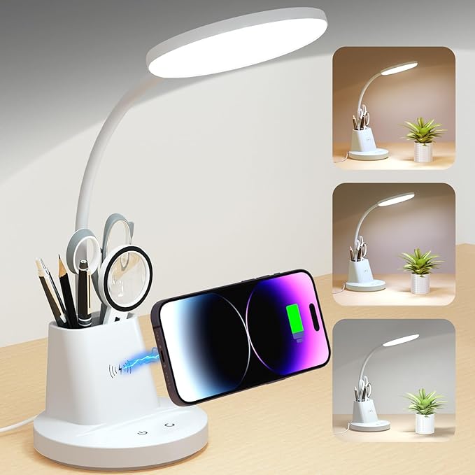 Sailstar Desk Lamp for Home Office, Small Desk Lamp with Wireless Charger & Pen Holder, Cute Desk Lamp LED Dimmable Touch 3 Lighting Modes Memory, Gooseneck White Desk Light for College Dorm Room