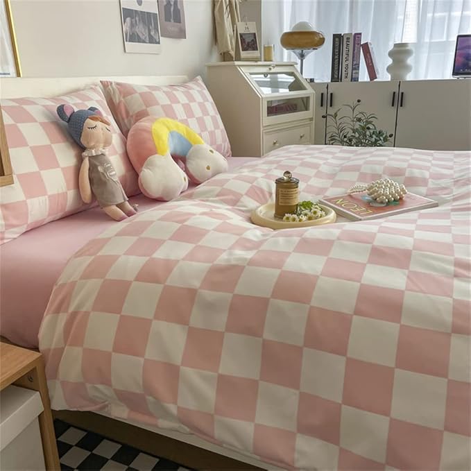 Wellboo Pink White Plaid Comforter Sets Twin Women Men Bean Pink and White Checkerboard Grid Bedding Comforters Cotton Boys Girls Modern Dusty Pink Checkered Geometric Quilts Luxury Abstract Bed