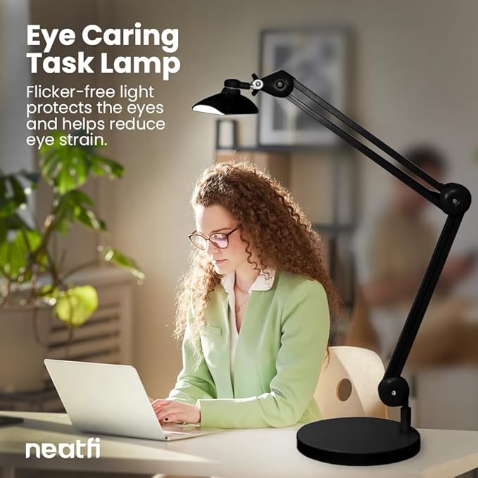 Neatfi XL 2,200 Lumens LED Task Lamp, 24W Super Bright Desk Lamp, 117 Pcs SMD LED, 4 Level Brightness, Dimmable, Task LED Light for Home, Office, Workbench (Non-CCT with Base, Black)
