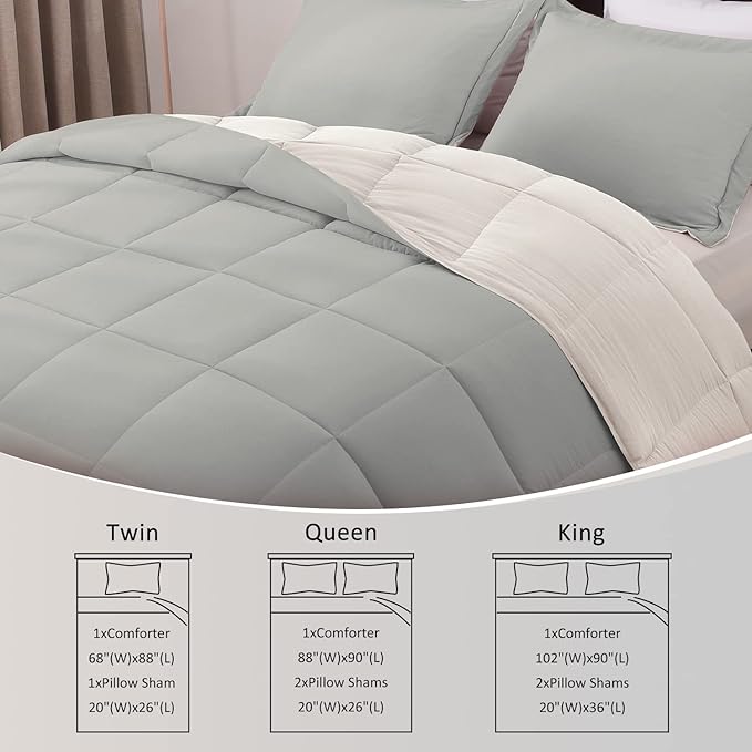 Basic Beyond King Size Comforter Set - Fluffy King Bed Comforter Set for All Seasons - Reversible White King Comforter Set - 3 Pieces (1 Comforter + 2 Pillow Shams) - White/Grey