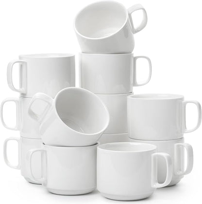 BTaT- Porcelain Stackable Coffee Mugs, 12 Pack, 12 oz, White | Ceramic Coffee Cups, Dishwasher and Microwave Safe