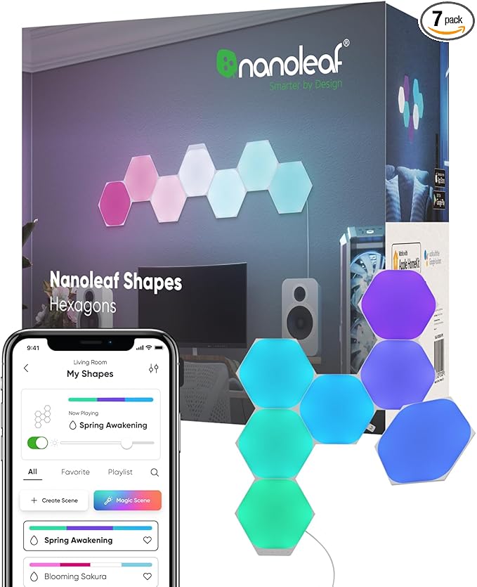 Nanoleaf Shapes WiFi and Thread Smart RGBW 16M+ Color LED Dimmable Gaming and Home Decor Wall Lights Smarter Kits Hexagons Smarter Kit (7 Pack)