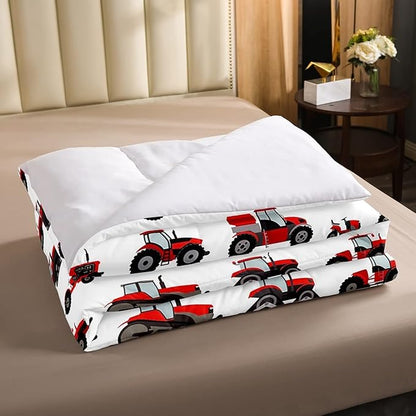 Erosebridal Red Tractor Comforter Set King Size Heavy Equipment Truck Down Comforter Kids Boys Girls Teens Harvester Tractor Bedding Set Construction Excavator Farm Equipment Quilt Set