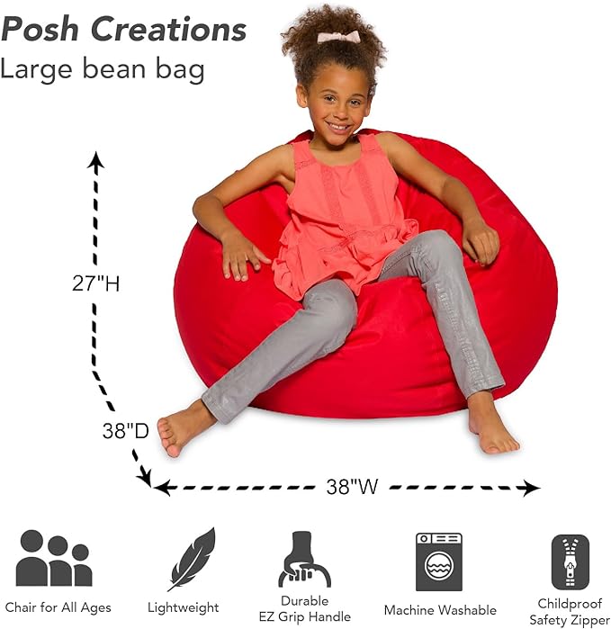 Posh Beanbags Bean Bag Chair, Large-38in, Solid Red