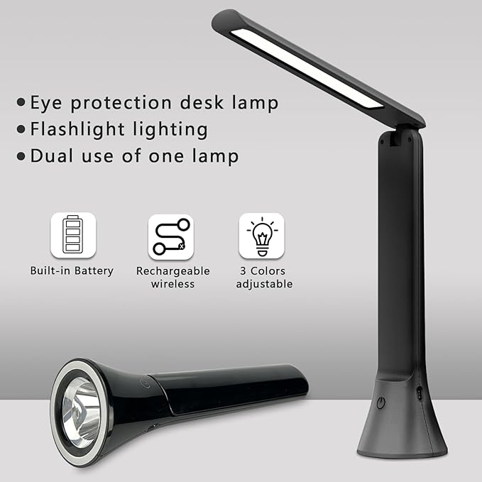 Rechargeable Desk Lamp with Flashlight Function, Battery Powered Desk Lamps for Home Office, Portable Foldable LED Desk Lamps, Cordless Desk Lamps, Small Lamps for Small Spaces, Black