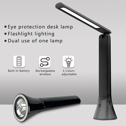 Rechargeable Desk Lamp with Flashlight Function, Battery Powered Desk Lamps for Home Office, Portable Foldable LED Desk Lamps, Cordless Desk Lamps, Small Lamps for Small Spaces, Black