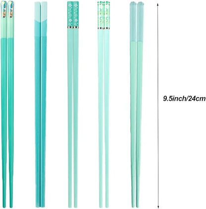 Chopsticks Reusable Dishwasher Safe, 9.57 inches Premium Non-slip Fiberglass Chop Sticks, Japanese Chinese Korean Chopstick for Party, Green, 5 Pairs