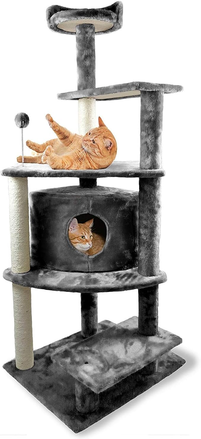 Furhaven 59.8" Tall Cat Tree for Indoor Cats, Ft. Sisal Scratching Posts, Condo, & Toys - Tiger Tough Platform House Interactive Playground Tower - Gray, One Size