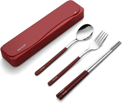 DEVICO Travel Utensils, 18/8 Stainless Steel 4pcs Cutlery Set Portable Camp Reusable Flatware Silverware, Include Fork Spoon Chopsticks with Case (Red)